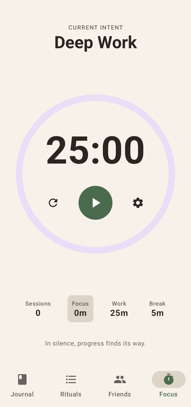 Rutin Focus screen — Deep Work intent with a 25 minute timer, session and break stats