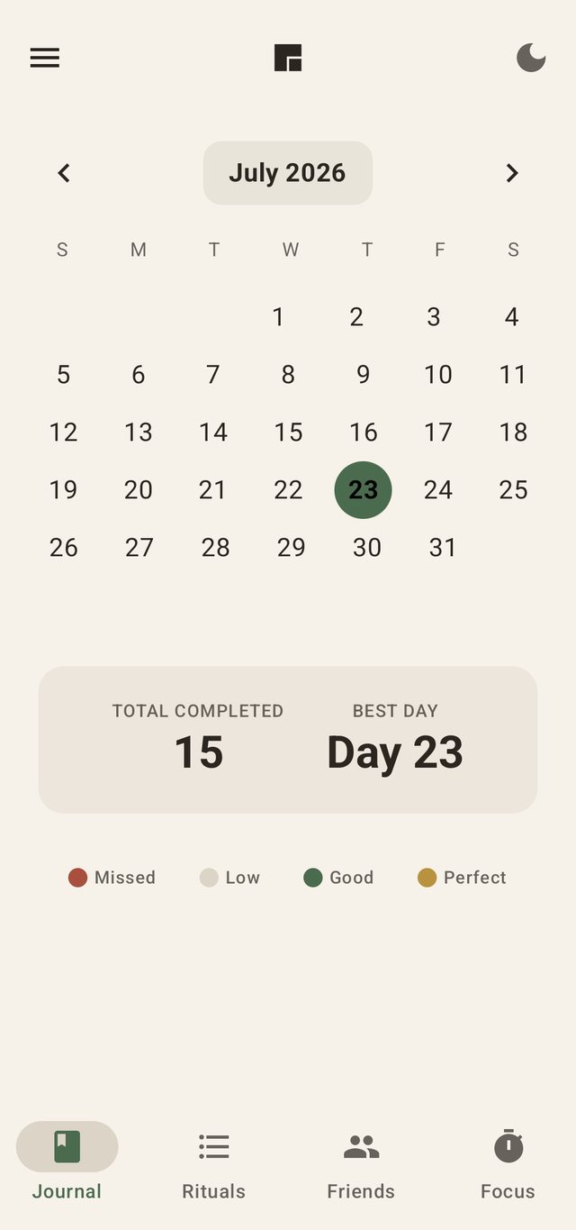 Rutin Journal screen — July 2026 calendar with completed days, total completed and best day stats