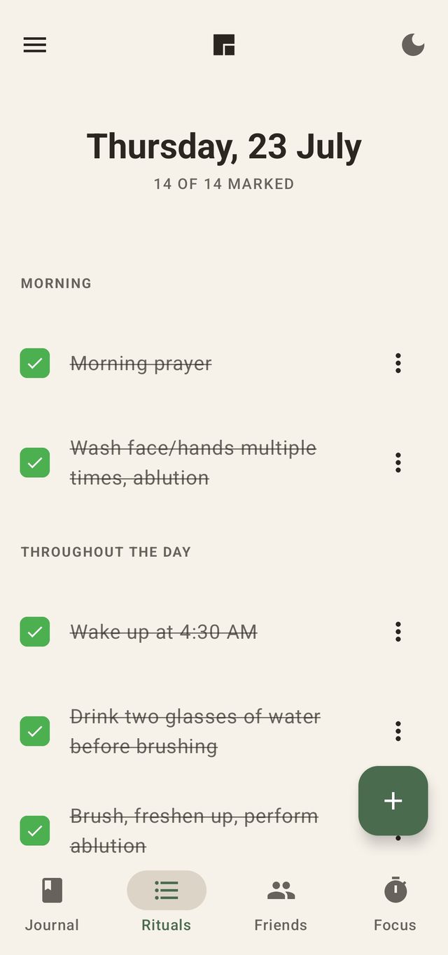 Rutin Rituals screen — daily checklist for Thursday 23 July with 14 of 14 habits marked